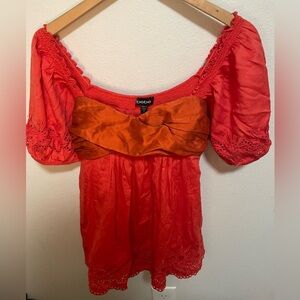 Bebe Silk Embroidered Orange Tie Back Blouse Size Medium